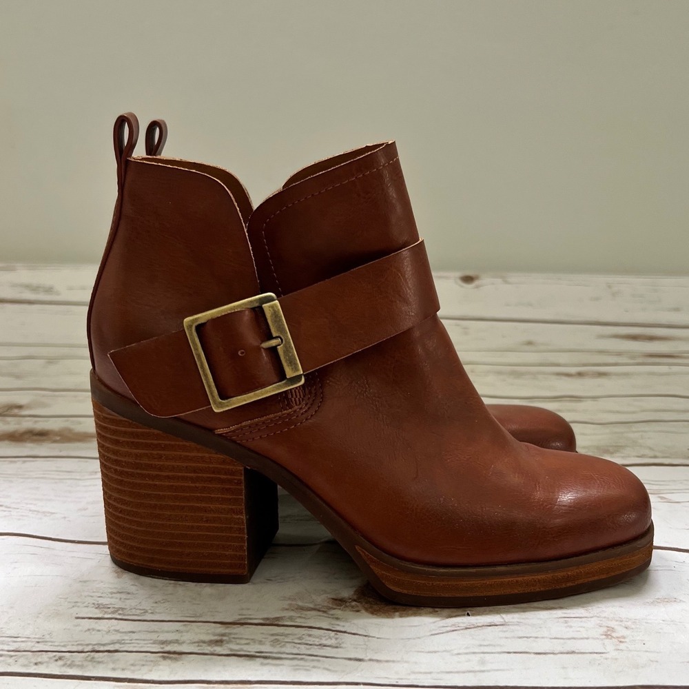 Korks Ankle Boots Brown Buckle Strap Stacked Block Heel Size 9M
